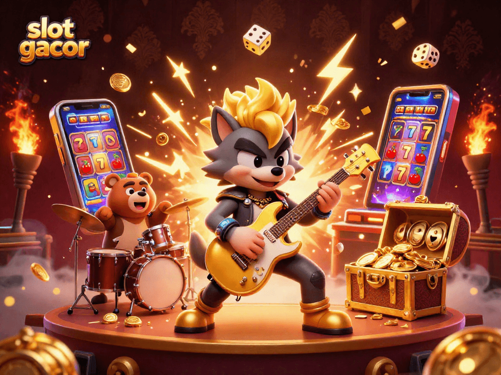 Celebrate big wins with slot gacor in this vibrant 3D casino scene featuring roaring excitement.