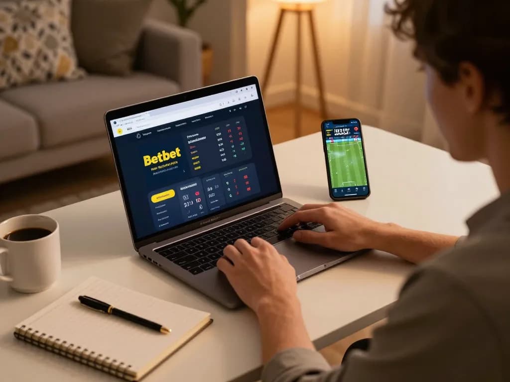 Engaging in online betting through the betbet platform at a cozy home setup.