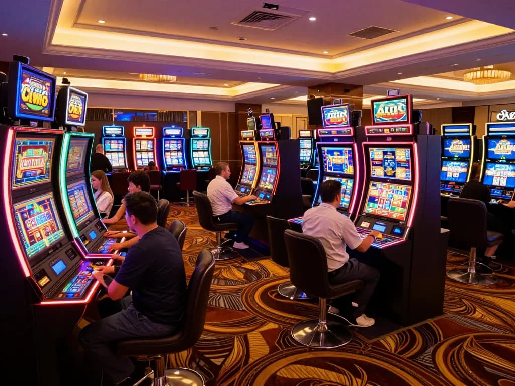 Players engaging in thrilling gameplay at okwin68's vibrant casino floor filled with illuminated slot machines.