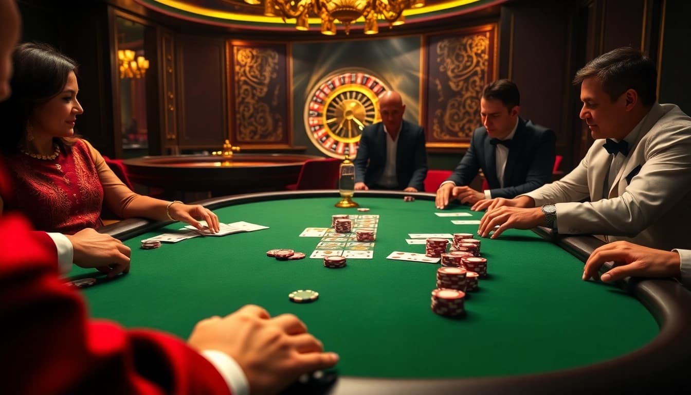Intense poker action at k9k9 casino, showcasing exciting gameplay with stylish players.