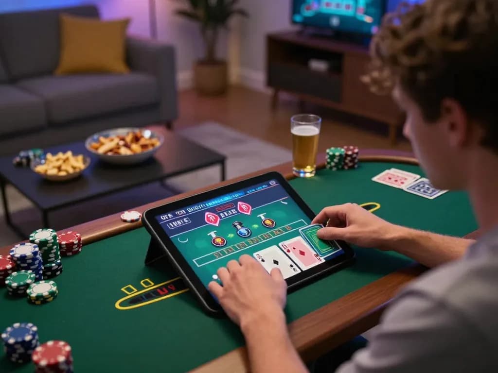ATQ player enjoying live dealer blackjack experience on a tablet in a cozy home setting.