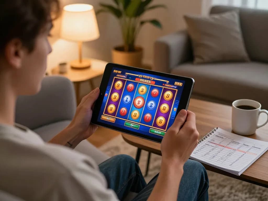 Engaging with slot bonus game on tablet in a cozy home setting