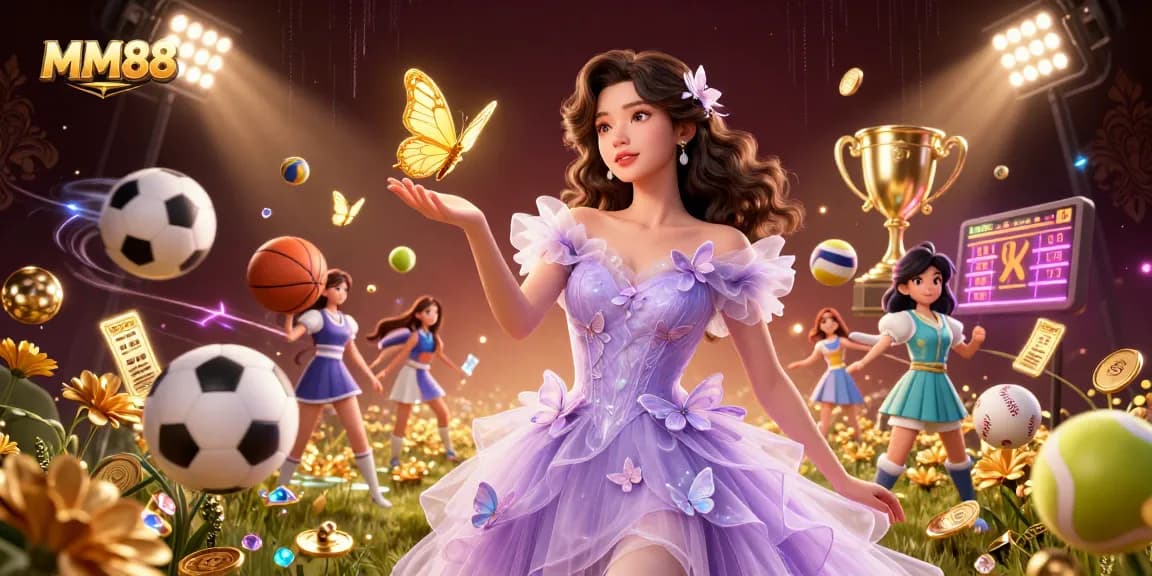 MM88 presents an engaging casino scene filled with vibrant sports elements and dynamic visuals.