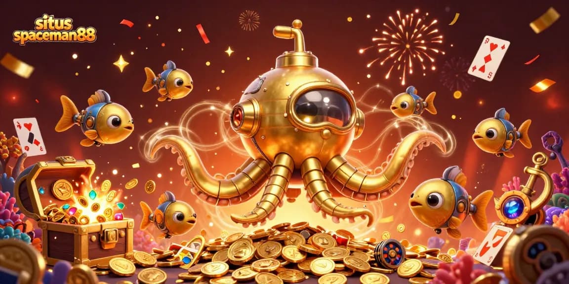 Spin the reels at situs spaceman88, featuring a colorful underwater treasure scene with a kraken and slot elements.