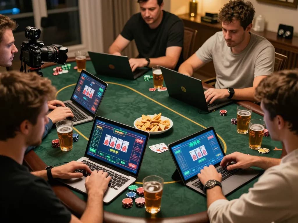 Players engaging in an exciting online poker game with XX88 on their devices, surrounded by a cozy home atmosphere.