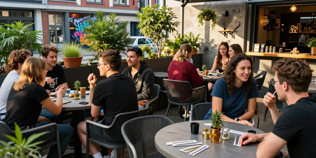 Friends enjoying their time at a cannabis social club Hamburg, showcasing community and relaxation.
