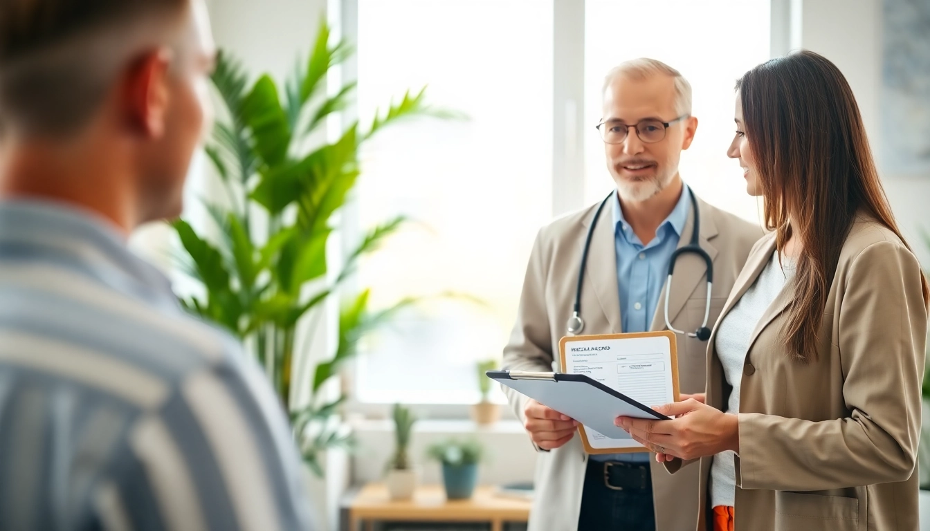 Healthcare provider assists in the process to Get Medical marijuana card in a bright office.