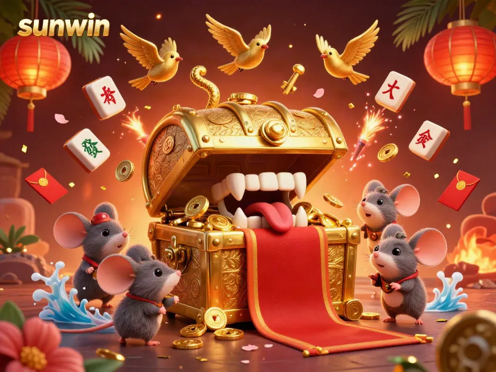 Experience the excitement at sunwin with golden coins, vibrant tokens, and a treasure chest inviting adventurer mice.
