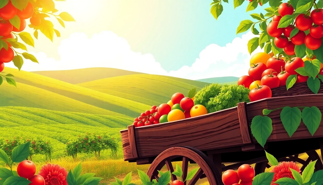 La Cosechera muestra frutas y verduras frescas en un paisaje agrícola vibrante.
