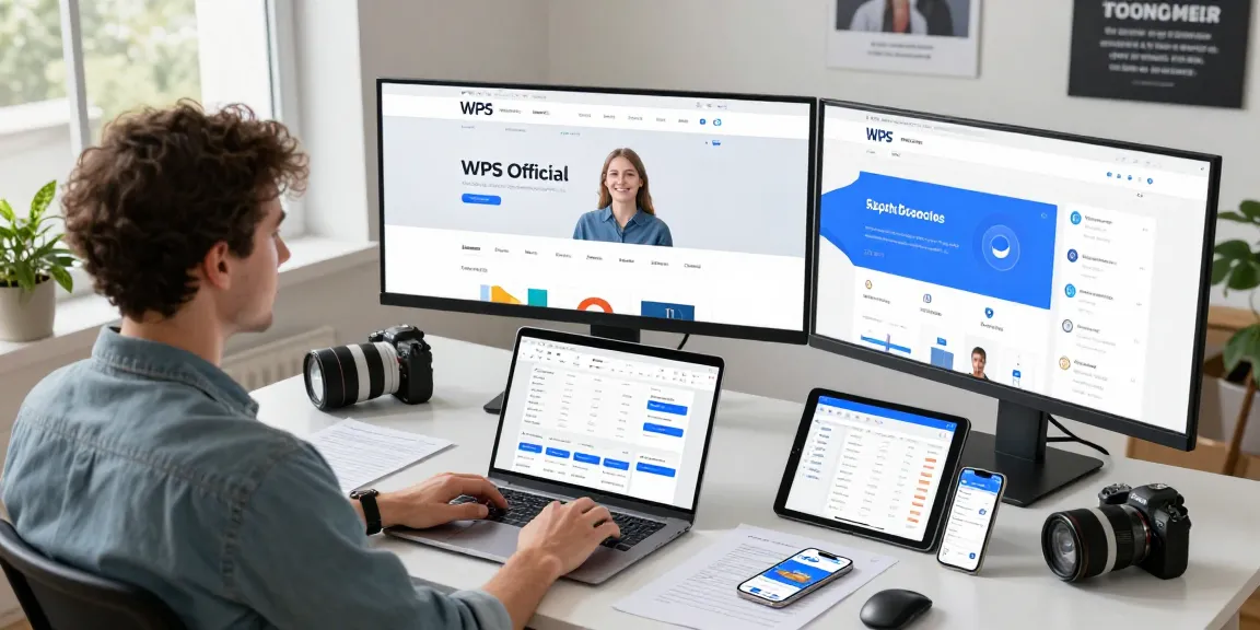 A professional workspace showcasing WPS Official Website on multiple screens, highlighting productivity tools in a modern office environment.
