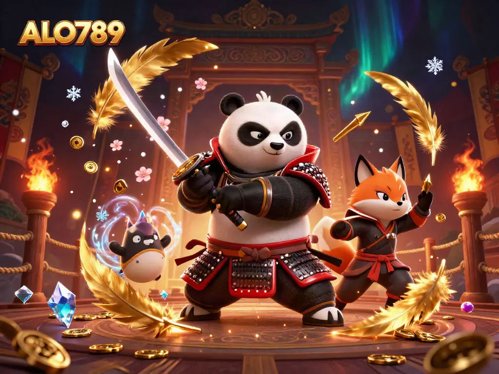 ALO789 brings thrilling action as a samurai panda battles in an ornate arena.