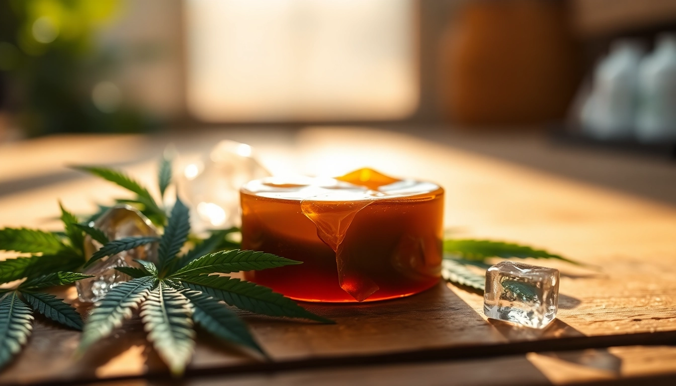 Papa's select rosin displayed with fresh cannabis leaves and ice, showcasing its artisanal quality.