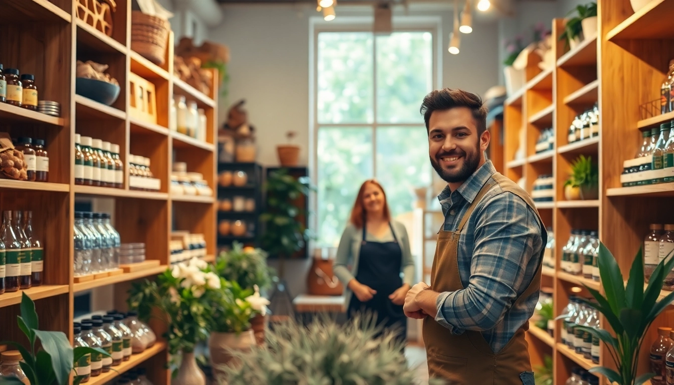 Shop vibrant hemp shop products with knowledgeable staff assisting customers.