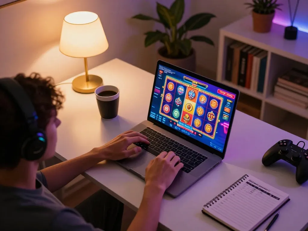 Engaging gameplay on OKFUN slots at home showcasing personal gaming space with strategic elements.