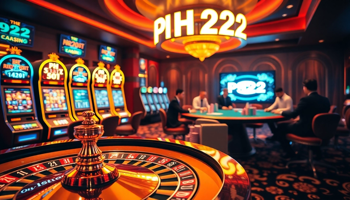 Experience thrilling casino action with PH222 at a vibrant roulette table and colorful slot machines.