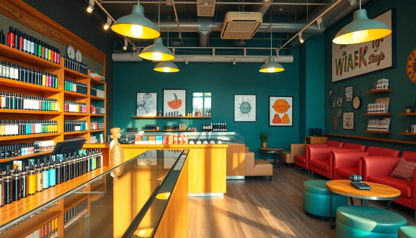 Explore a vibrant vape shop with colorful products and a welcoming atmosphere.