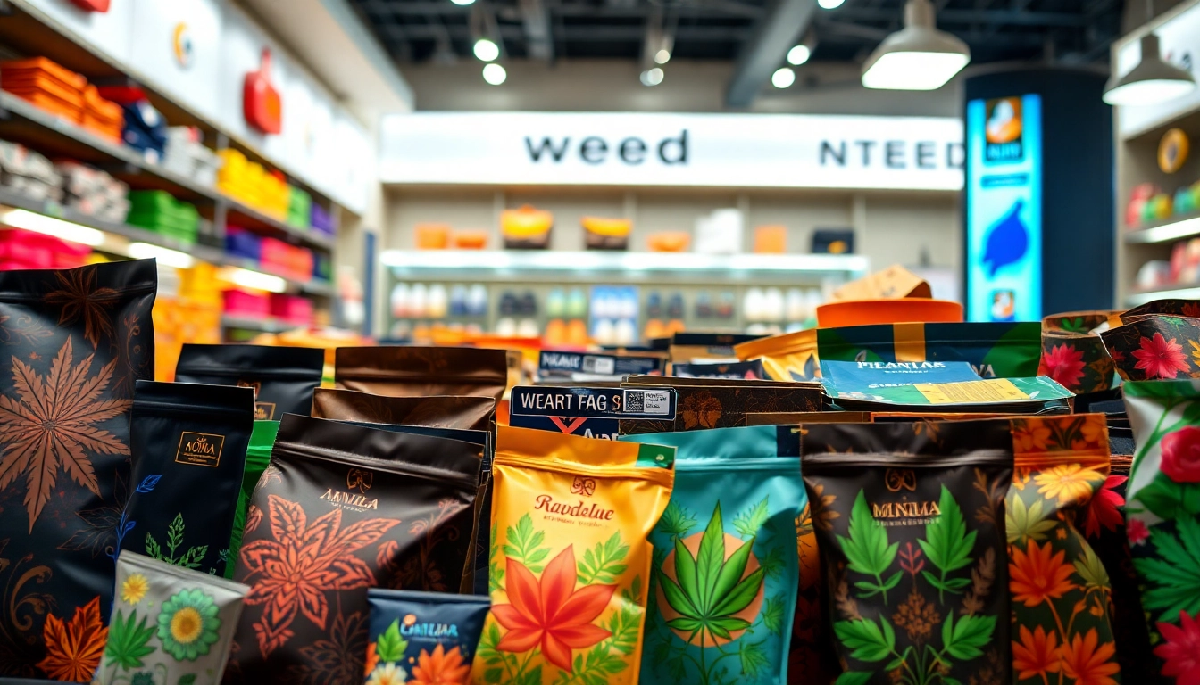 Explore vibrant weed bags displayed in a retail setting, showcasing varied styles and designs.