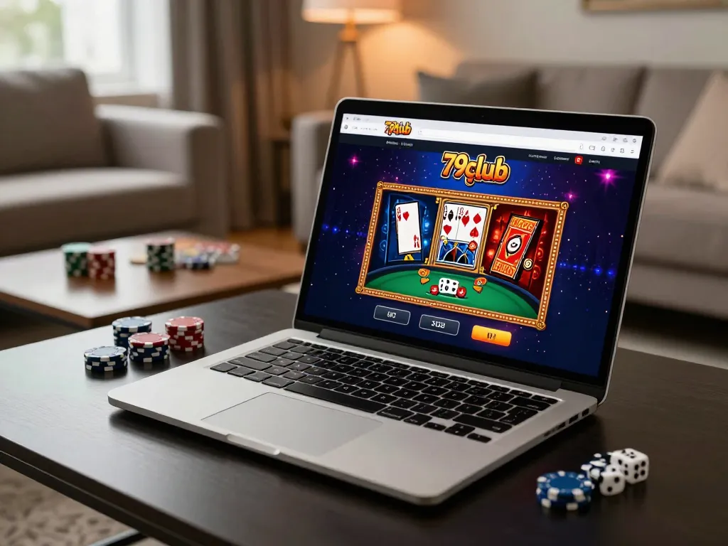 Engaging scene of 79club online gaming setup with vibrant poker graphics on laptop.