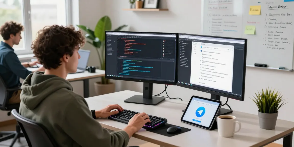 Engaging tech workspace highlighting the Telegram Web Version development with a developer coding on monitors.