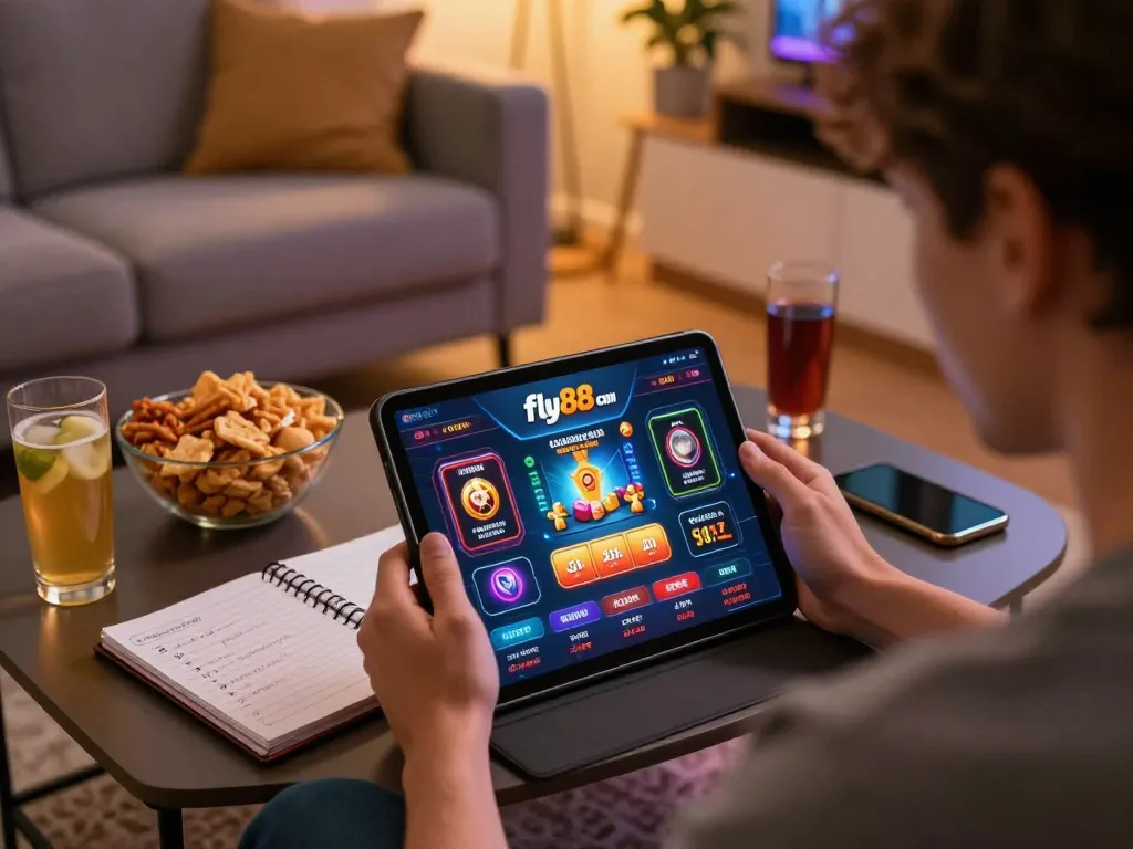 Engaging gameplay on fly88 com app in a cozy home setting with snacks and notes.