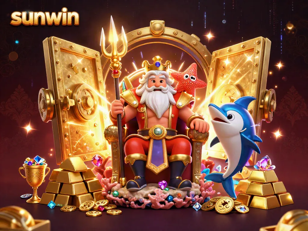 Experience the thrill of gaming with sunwin's vibrant 3D casino illustration featuring Neptune and treasures.