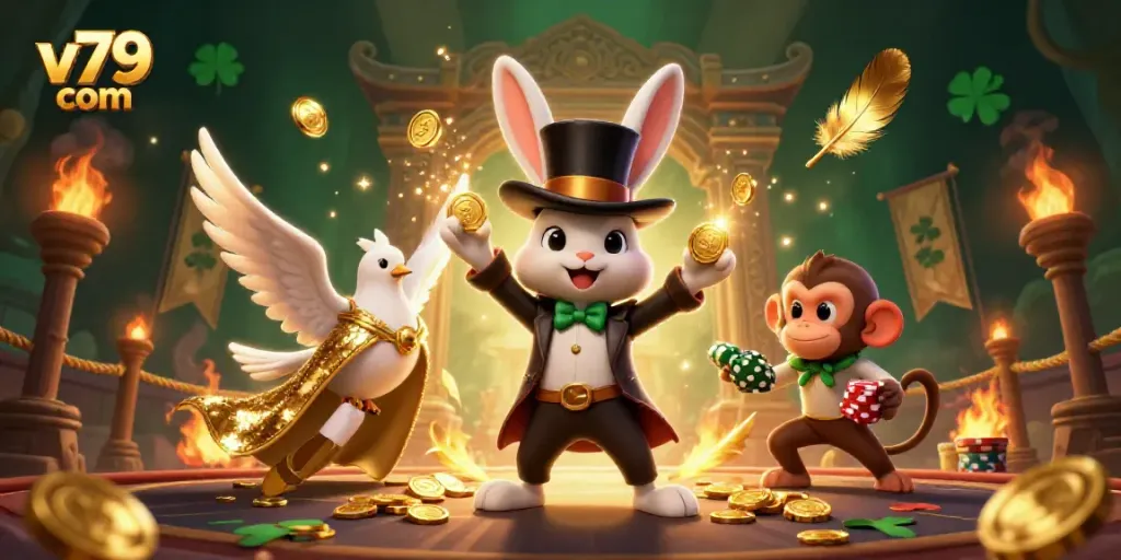 Engaging scene of a magician rabbit pulling golden coins with v79 com branding and casino elements.
