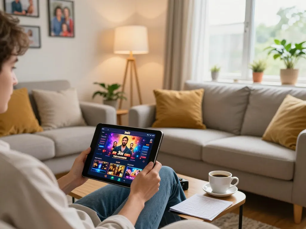 Engaged player enjoying 3win actor online gaming on a cozy sofa with tablet and strategy notes.