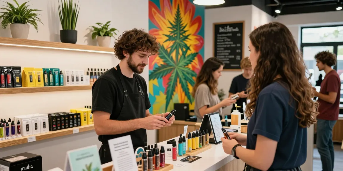 Interaction in a stylish vape shop showcasing muha meds products, inviting atmosphere.