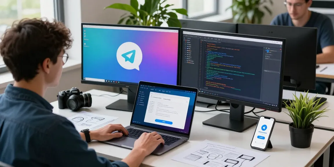 Developer showcasing telegram中文版 app design in a creative workspace, highlighting tech innovation and productivity.