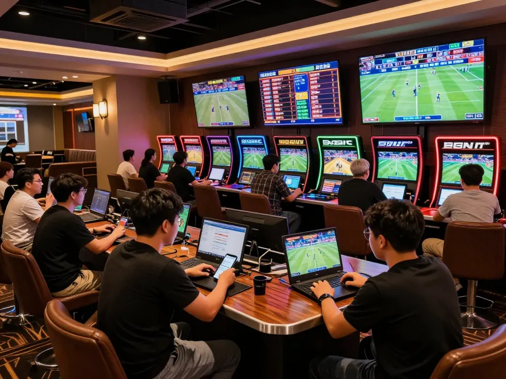 Betting enthusiasts use mobile apps at xx88 asia's vibrant sports betting area, engaging in dynamic wagering.