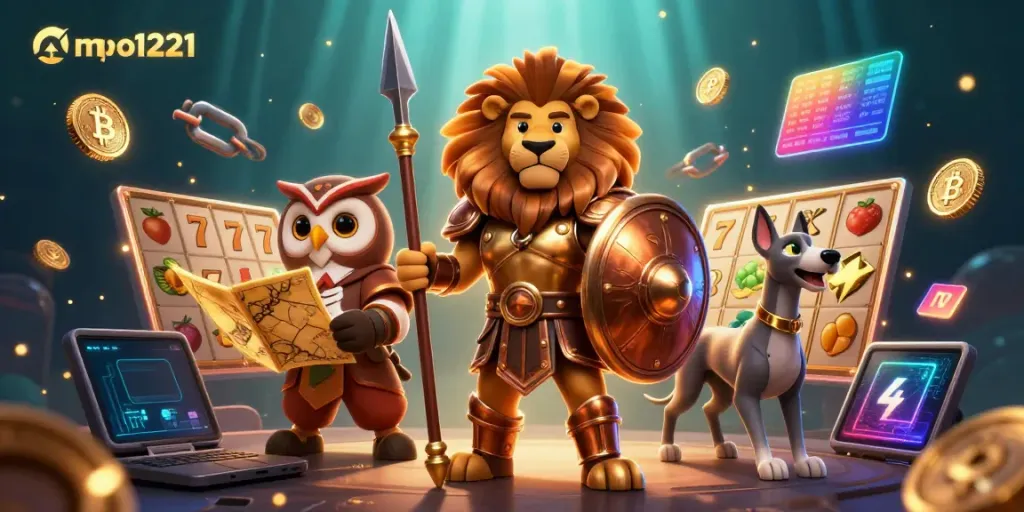 Engage with mpo1221 through thrilling slot games illustrated by a Spartan lion, owl strategist, and greyhound messenger.