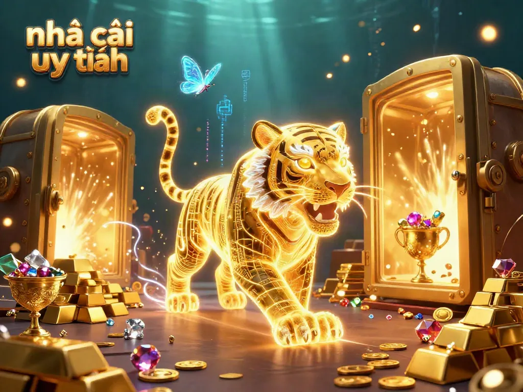 Experience the thrill of nhà cái uy tín with a vibrant 3D scene featuring a golden tiger in a digital casino.