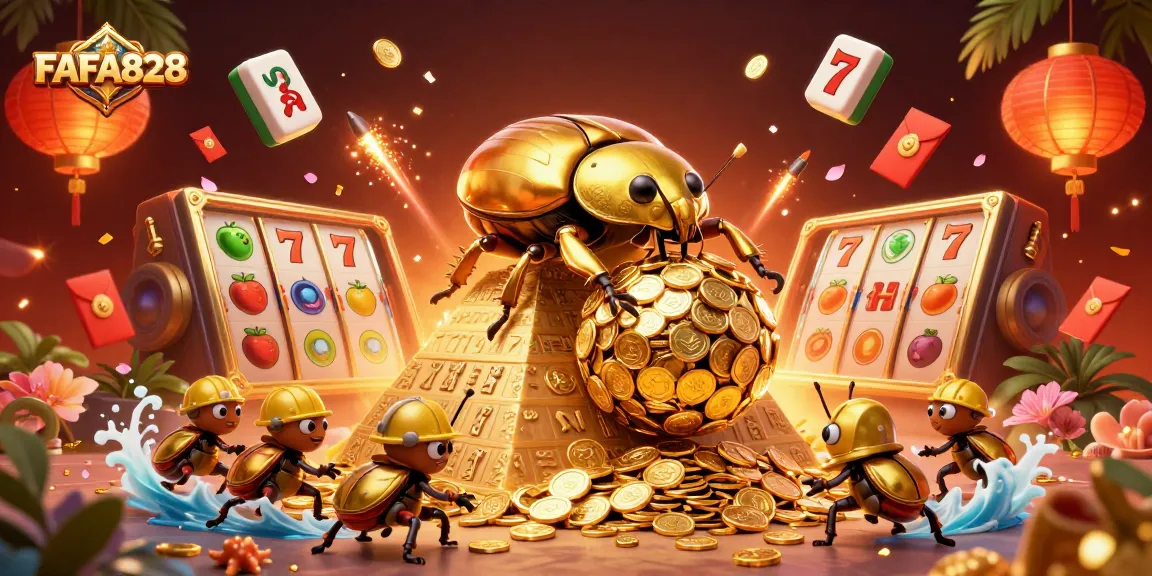 Engage with FAFA828's exciting slots featuring golden coins, beetles, and vibrant symbols in a fun scene.