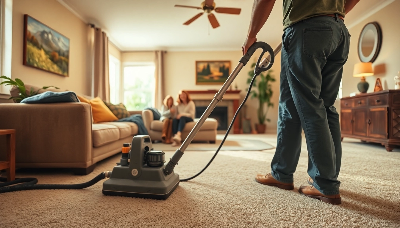 Cheyenne carpet cleaner technician using a powerful cleaning machine in a cozy living room.