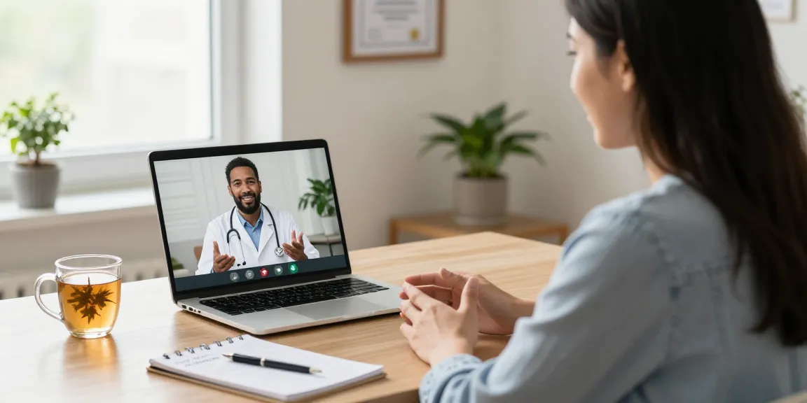 Consultation for an MMJ card online in a cozy home office during a video call, featuring a licensed doctor and a patient.