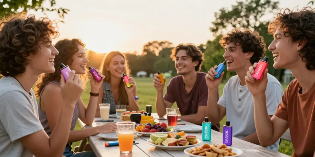 Friends sharing Hitz infinity Gen 7 disposable vapes, enjoying vibrant flavors outdoors.