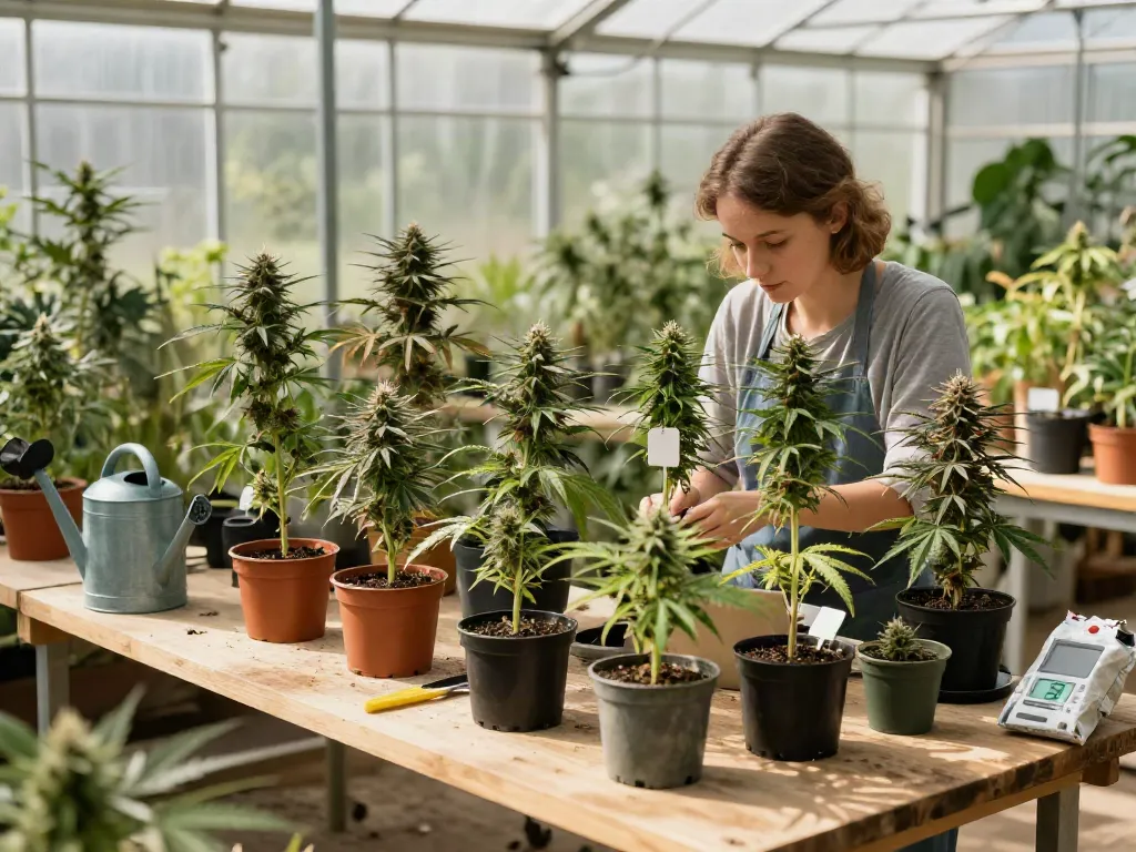 Cultivating premium cannabis seeds with diverse strains in a bright greenhouse.