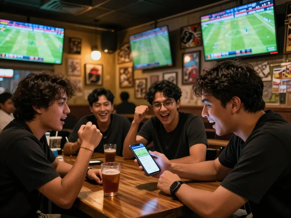 Engaging in thrilling Bola Online betting at a lively sports bar while watching live matches.