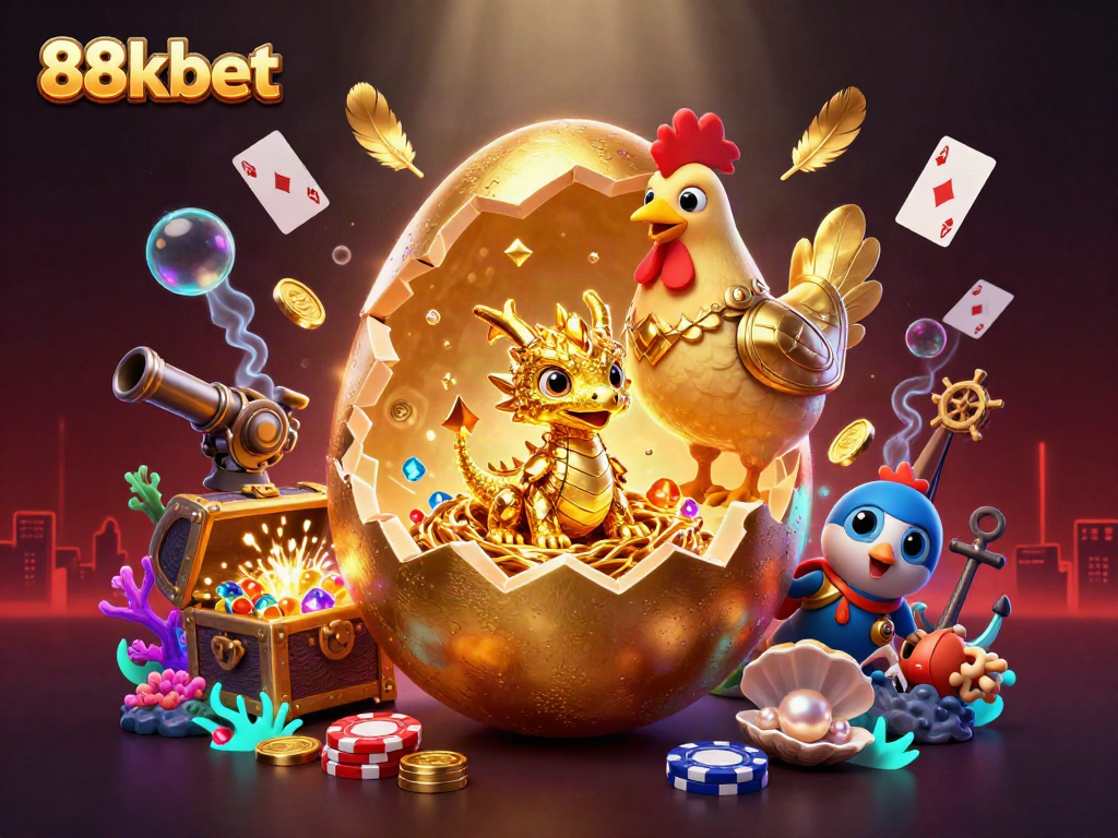 Engage with 88kbet's vibrant golden dragon revealing poker chips in a rich casino underwater scene.