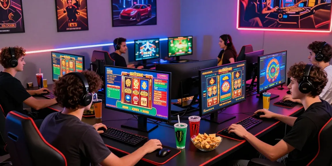 Friends enjoying various games on HAYWIN platform, vibrant atmosphere with gaming gear.