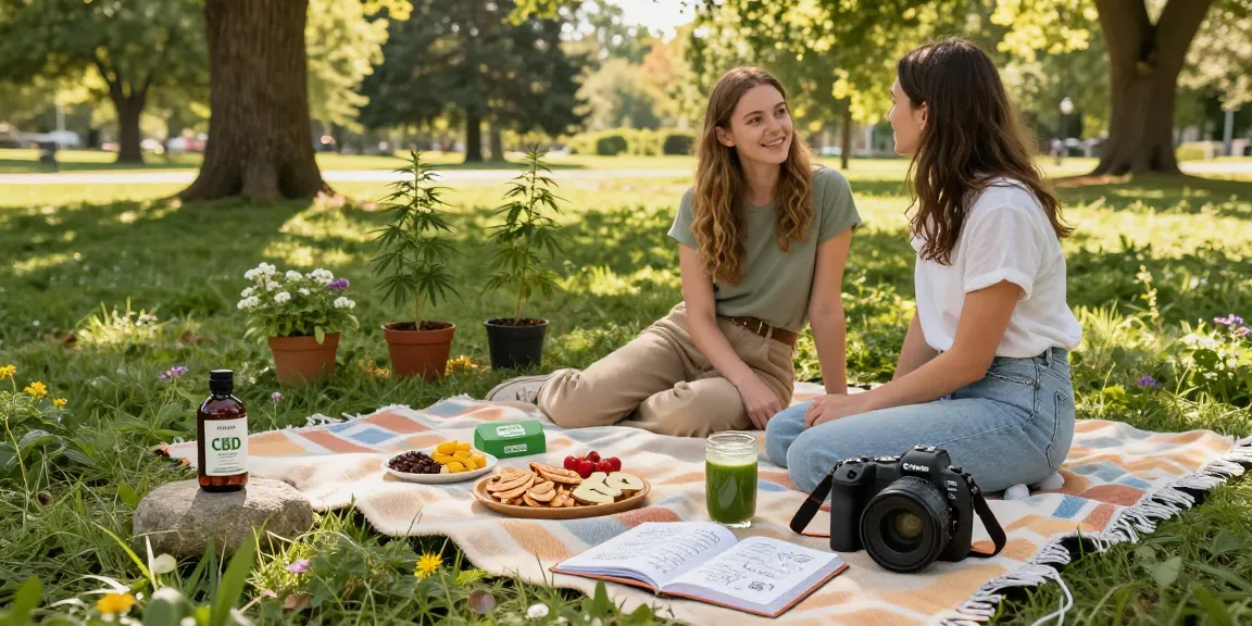 Ministry of Cannabis CBD oil and healthy snacks in a tranquil park setting, showcasing natural wellness.