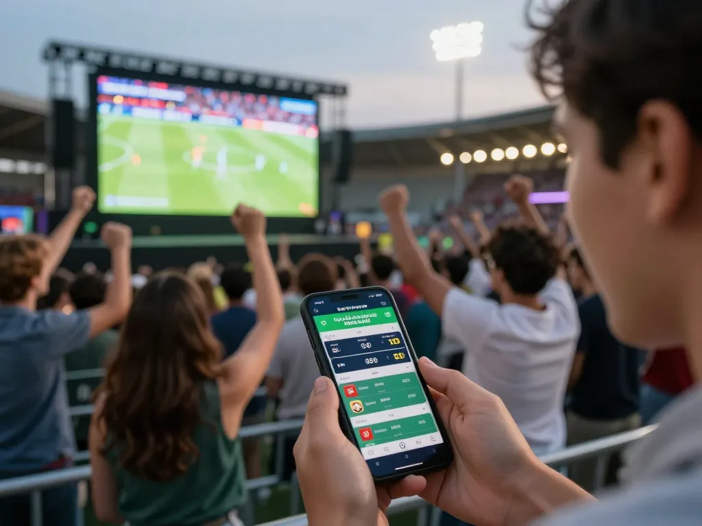 Engaging sports betting atmosphere showing tỷ lệ cá cược bóng đá hôm nay on smartphones during a live football match.