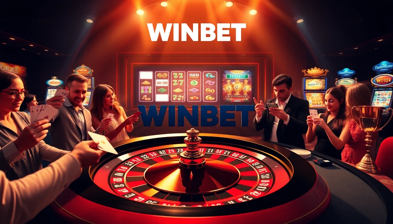 Exciting WINBET casino scene showcasing players at a roulette table and vibrant slot machines.