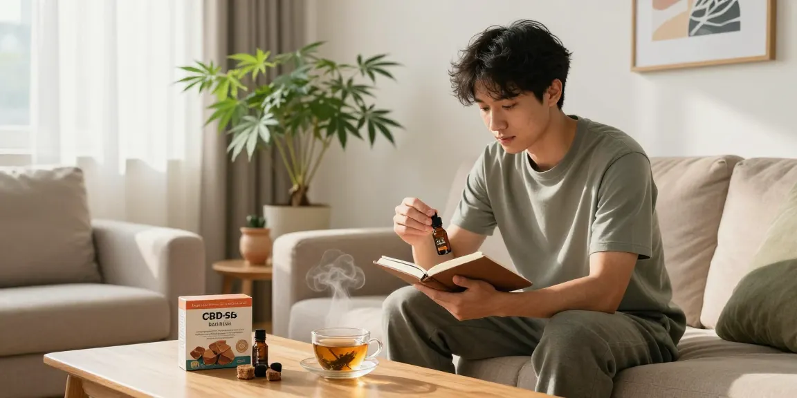 Proper loud CBD oil being measured during a peaceful wellness routine in a cozy living room.