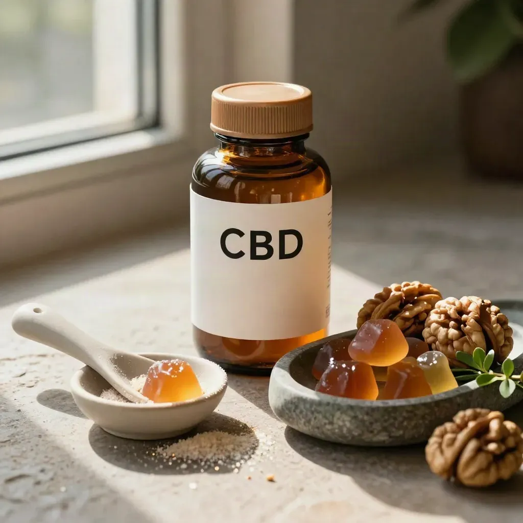 Amber CBD gummy bottle, ceramic scoop, and stone dish on a walnut tray with soft window light