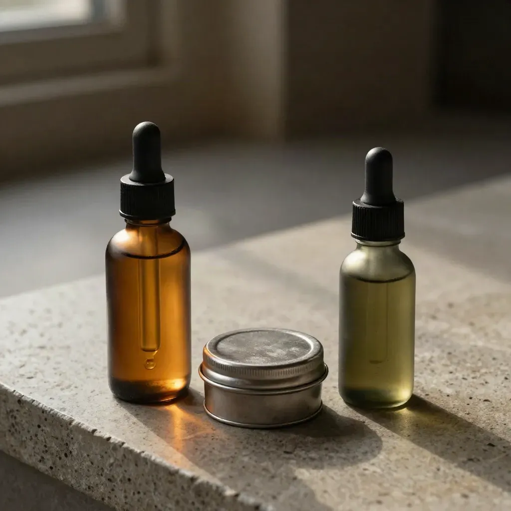 Tincture bottle, balm tin, and oil dropper on stone with dramatic CBD still-life lighting.