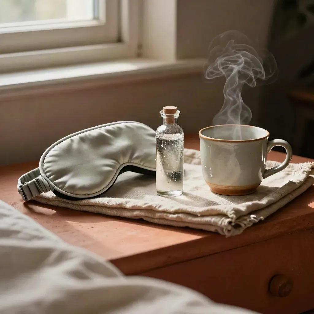 Macro bedside sleep still life with sage mask, tincture bottle, steaming mug, and linen tray.