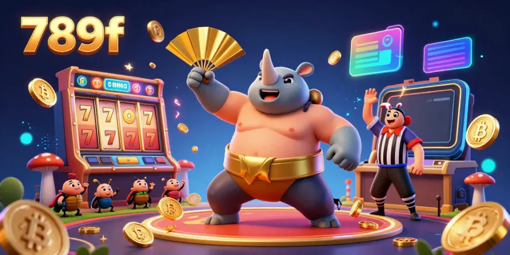 Experience the excitement of 789f casino with a cartoon rhinoceros beetle champion amidst golden coins and vibrant slot reels.