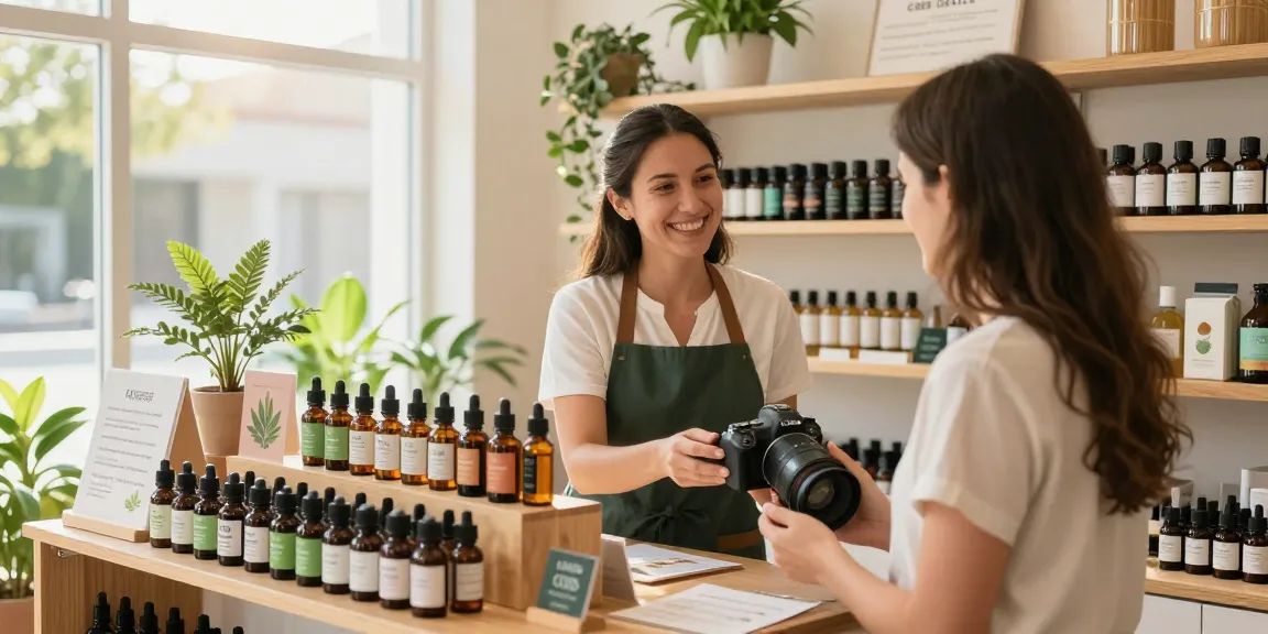 Customer receiving advice on cbd oil canada in a vibrant wellness store. Organic CBD products displayed prominently.