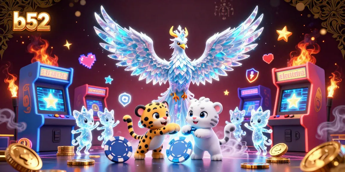 Experience the magic of b52 with a lively scene of an ice phoenix, a snow leopard cub with a poker chip, and glowing sprites in a colorful casino atmosphere.